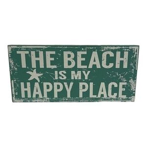 The Beach is My Happy Place Wood Sign 11x5 Coastal Wall Decor Turquoise White G+